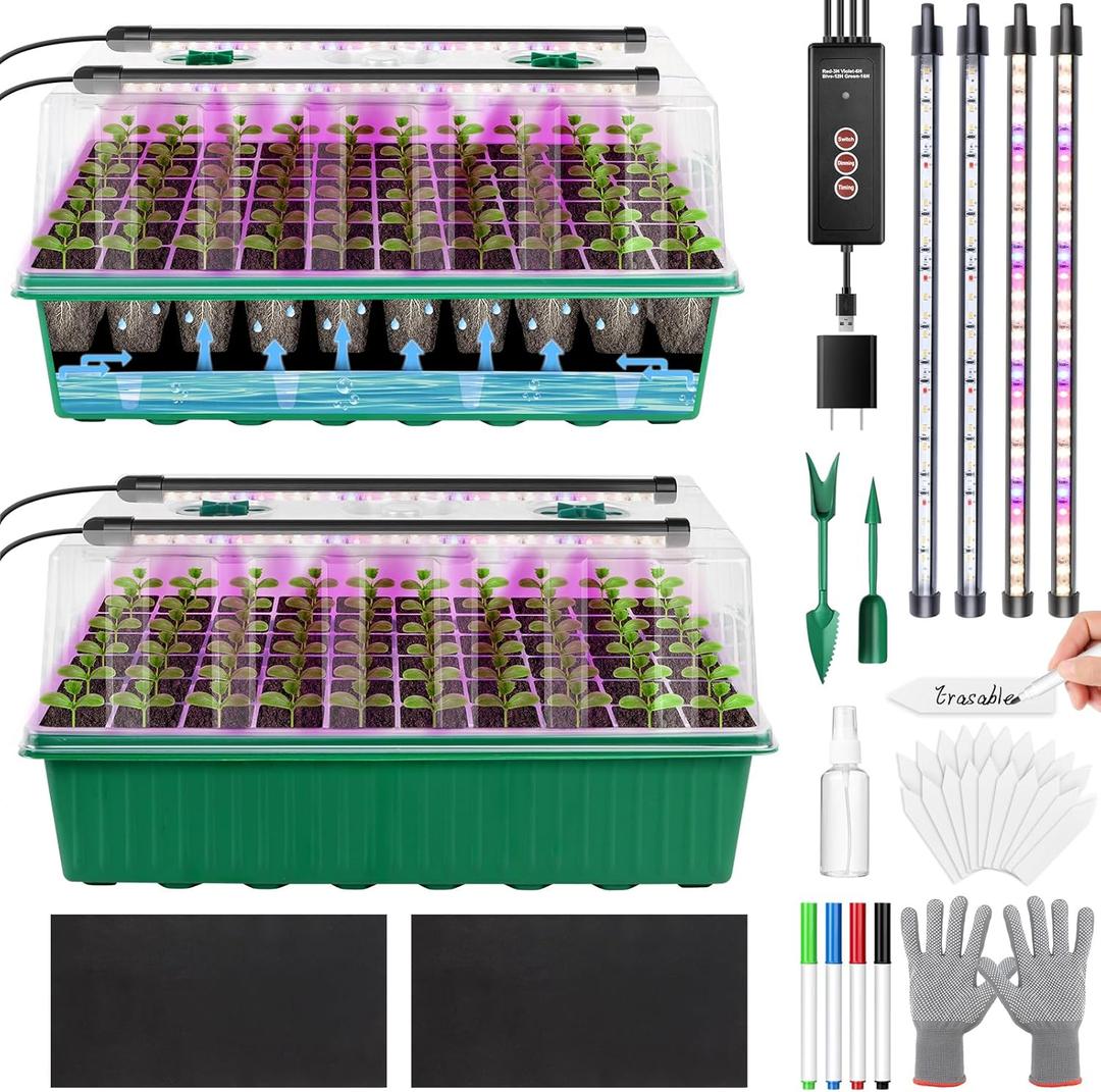 120 Cell Seed Starter Trays Self Watering with LED Grow Light  2 Pack 60 Cells Seed Starting Kit with Humidity Domes, Tools & Labels for Indoor Gardening