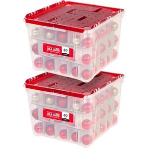IRIS USA Ornament Storage Box with Attached Lid, Stores 75 Ornaments per Bin, 2-Pack, Stackable Durable Christmas Storage Organization Container Bin for Holiday Decorations and Accessories, Clear/Red
