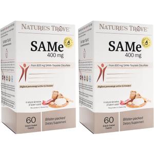 Nature's Trove SAM-e 400mg 120 Enteric Coated Caplets (2 Boxes of 60) - Vegan, Kosher, Non-GMO, Soy Free, Gluten Free - Mood and Joint Comfort - Cold Form Blister Packed Exp. 01/2029