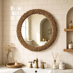 Farmhouse Circular Mirror for Wall 23 In, Rattan Woven