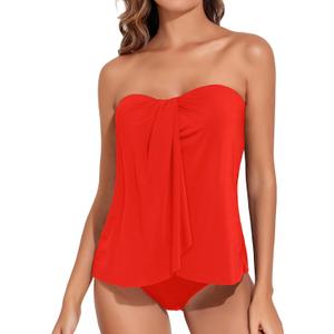 Tempt Me Two Piece Tankini Bathing Suits for Women Halter Bandeau Swim Top with Bottom Flyaway Tummy Control Swimsuit (X-Large, Red)