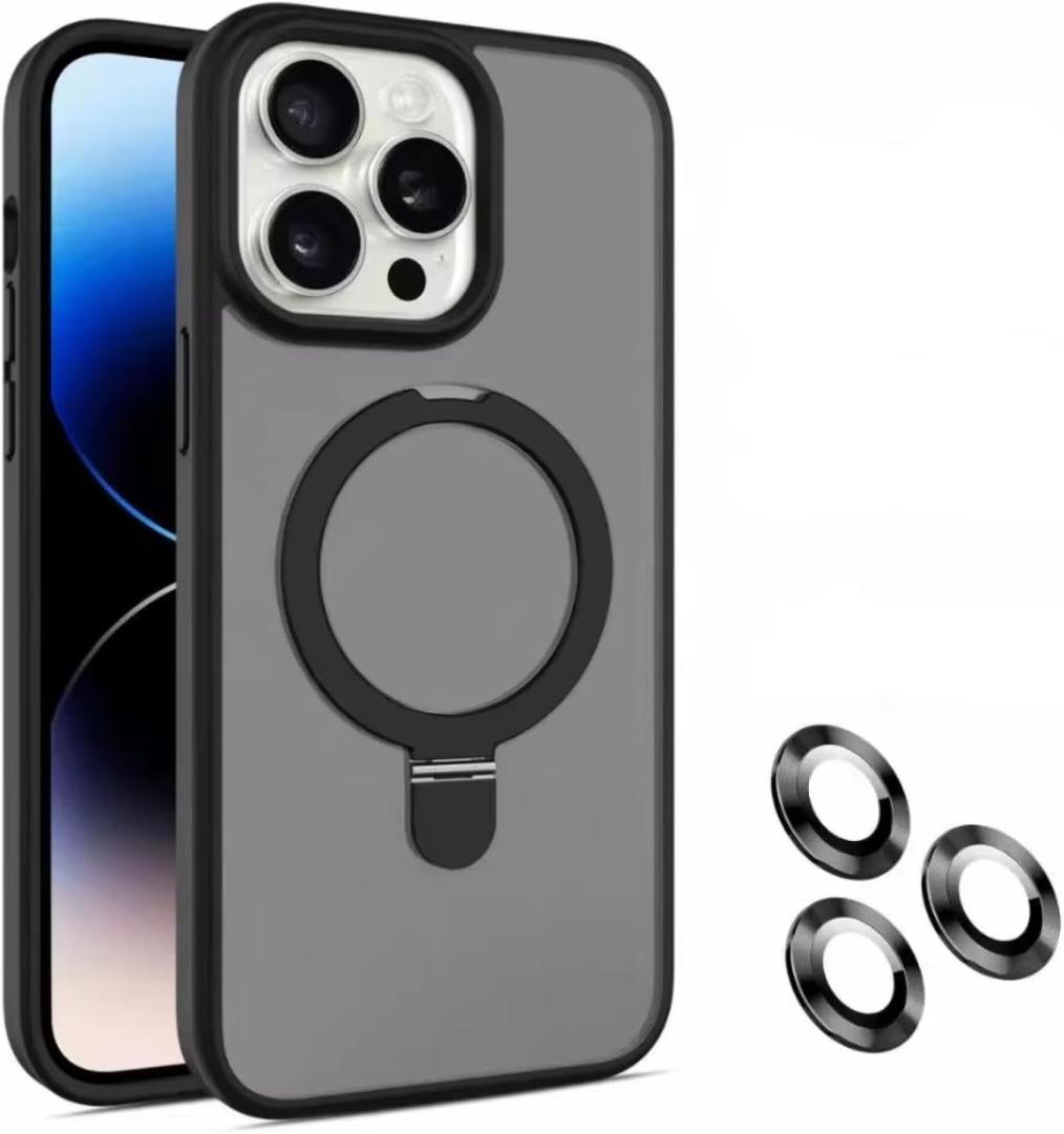 Ring Bracket Phone Case for iPhone 16 14 15 Pro Max Plus Cover with Lens Glass(for iPhone 13 Pro Max/Black)