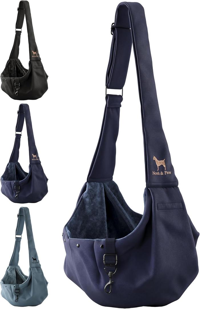 Noah & Paw Dog Sling Carrier for Small Dogs 5-18lb, Dog Sling for Small Dogs and Cats, Dog Carrier with Adjustable Padded Strap, Premium Twill, Lined with Fur, Double Safety Feature, Machine Washable (Navy Blue)