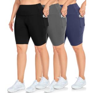 NEW YOUNG 3 Pack Plus Size Biker Shorts with Pockets for Women-High Waisted 8" Yoga Pants Workout Shorts, 3X-Large Plus