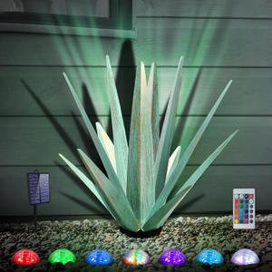 Large Tequila Rustic Sculpture, Rustic Metal Agave Plants for Outdoor Patio Yard, Home Decor Hand Painted Metal Agave Garden Yard Statue, Outdoor Lawn Ornaments (Mint Green - L (W/ Solar Light))