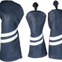 TEENGSE 3PCS PU Leather Golf Cover, Golf Club Head Covers Set with Classic Stripes for Protecting Wood Hybrid Golf Clubs, Waterproof and Lightweight