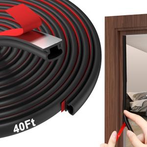 alophoty Weather Stripping Door Seal - 40 Ft Self-Adhesive TPE Rubber Door Seal Strip for Door Frame/Window Seal, Soundproofing & Insulation Strip to Block Drafts, Wind, Noise, Dust (Black) (Black D (WH: 0.350.24 in))