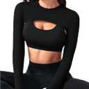 SweatyRocks Women's Ultrashort Cutout Workout Crop Top Exercise Long Sleeve Tee Shirt (Black), L