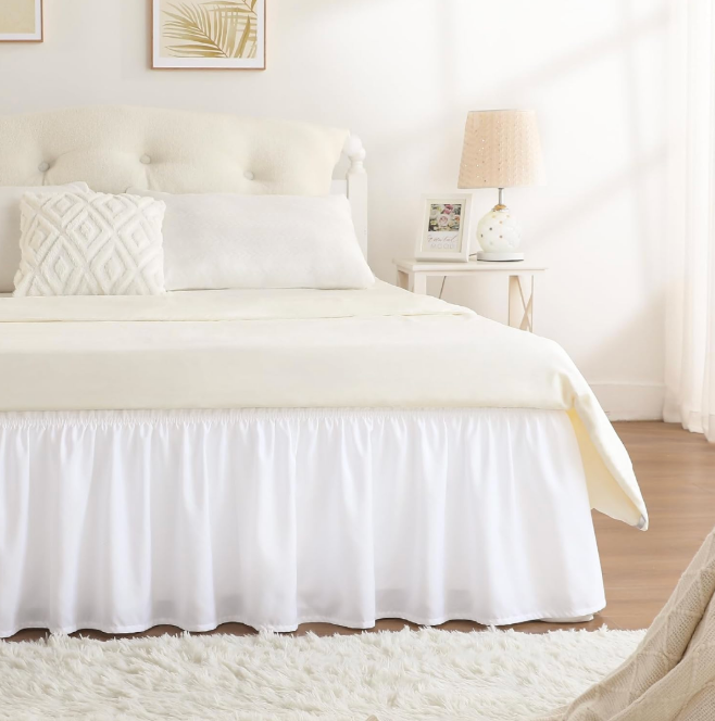 RIMELA White Bed Skirt   15 Inch Drop, Elastic Bed Skirting for Adjustable Bed Base & Frame, Bedding Dust Ruffle Easy to Install, Wrap Around Bedskirt, Room Decoration
