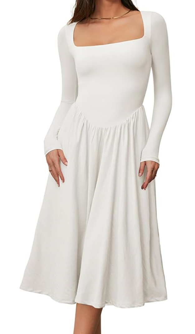CHYRII Women Spring Fashion 2025 Square Neck Long Sleeve Casual A-Line Midi Dress, Size 2XL