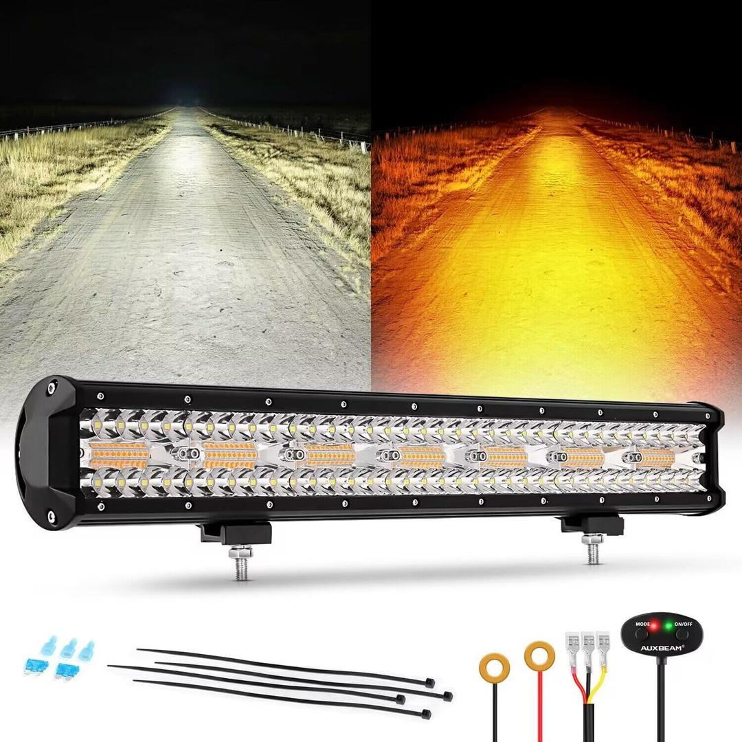 Auxbeam 6 Modes Amber White Series, 20 Inch LED Light Bar 420W, Strobe Light Flashing Warning Emergency, Spot Flood Combo Off Road Light for Trucks, Cars, ATVs, UTVs, Boats