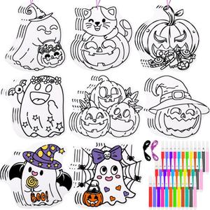 Motipuns 36 Pcs Paper Halloween Coloring Craft Kit with 36 Watercolor Pen and Ribbons Halloween Ornaments DIY Pumpkin Ghost Cutouts Color Your Own Crafts for Painting Party Home Classroom Art Project