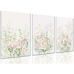 ZQARTZZQ Framed Colorful Wildflower Canvas Wall Art, Floral Wall Art, Watercolor Flower Wall Decor Flowers Pictures Prints Floral Painting Set of 3 for Living Room Girls Bedroom Bathroom (Pink Green Wildflower)