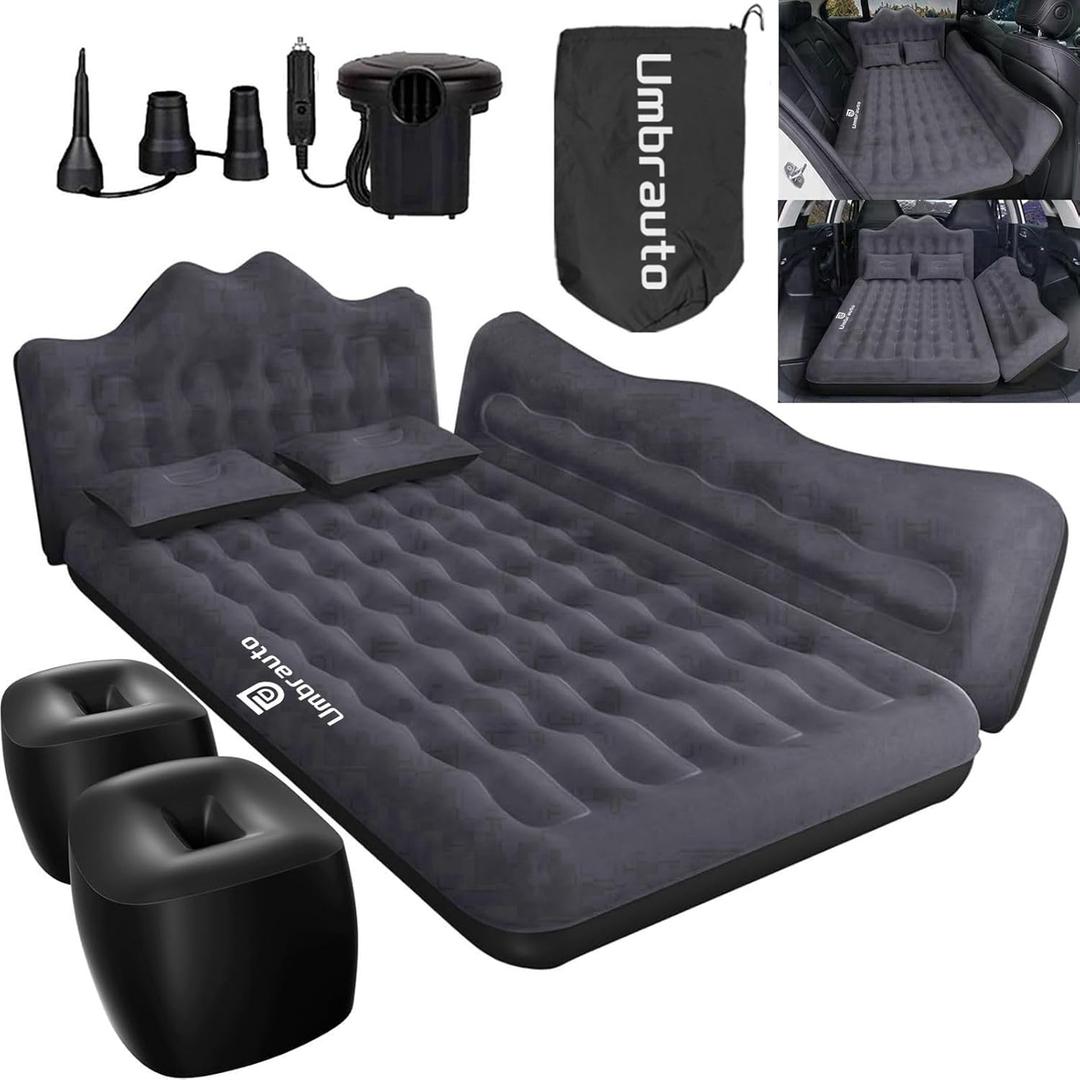 Umbrauto Car Air Mattress Backseat| Inflatable Truck Back Seat Camping Airbed for SUV Rear Seat, Blow Up Sleeping Travel Bed for Van Trunk with Pump & Pillows (Black)