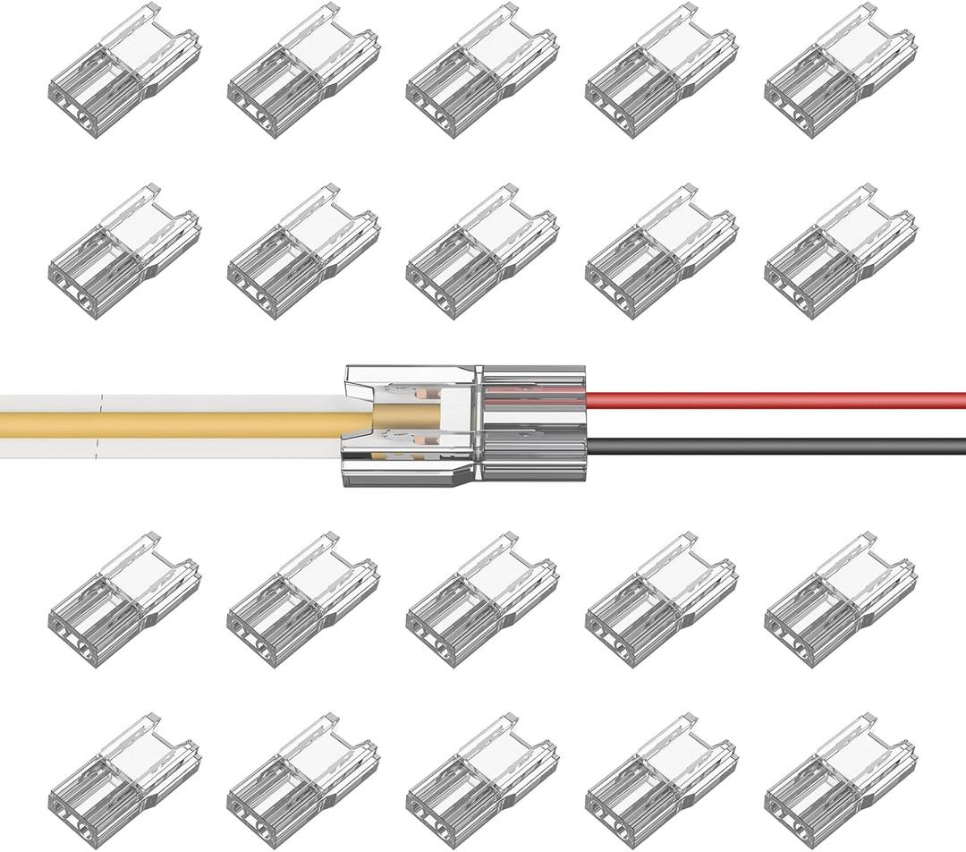 COB LED Light Strip Connectors 20pcs 5mm 2Pin Strip to Wires LED Tape Light Connectors Transparent Solderless No Dark Area for LED Lights Connector DIY COB/SMD Strip Lights