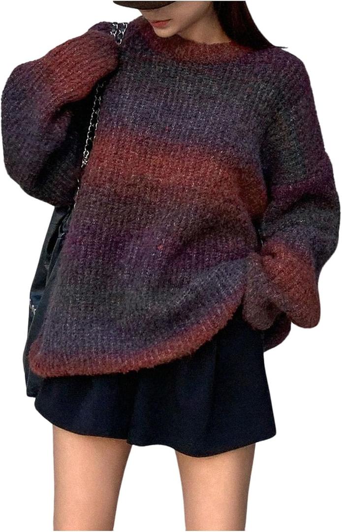 SOLY HUX Women's Vintage Long Sleeve Sweater Crew Neck Knitted Pullover Sweaters Oversized Tops Winter Festivals Clothes (L)
