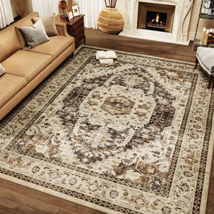 Brown Washable 8x10 Area Rugs for Living Room Rug Bedroom Rug-Carpet Neutral Moody Vintage Traditional Dining Room Rugs Office Soft Comfortable Non Slip (Dark Brown-medallion)