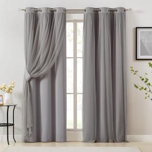 Bujasso Grey 90% Blackout Curtains with Sheer Overlay Mix and Match Double Layer Window Curtains Thermal Insulated 84 inch for Living Room Bedroom Gray Drapes with Tiebacks Grommet Top, 84"L x 37"W