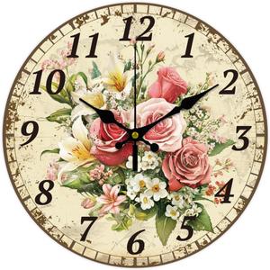 CHGCRAFT 12 Inch Wall Clock Retro Flowers Wall Clock Battery Operated Non Ticking Silent Flowers Decorative Kitchen Clock for Living Room Bedroom Home Office Decor