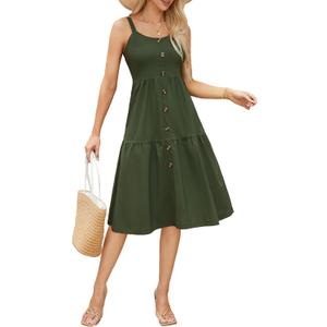Womens Summer Dresses Casual Spaghetti Strap Button Down Midi Dress Cute Crew Neck A-Line Sundress with Pockets, Size L