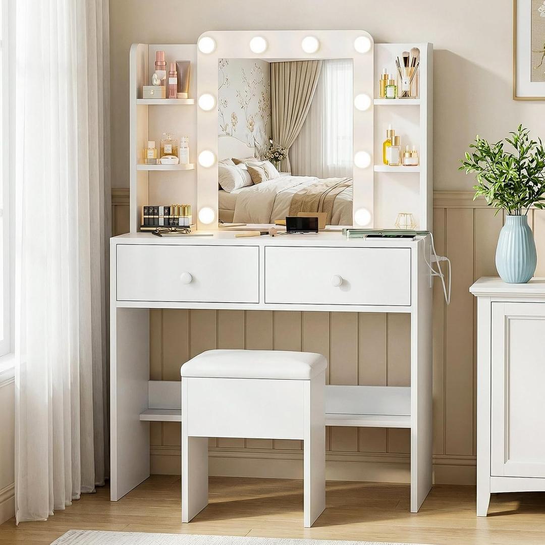 FUXA Vanity Desk with Mirror and Power Outlet, Makeup Vanity with 10 Bulbs and 3 Light Modes, Vanity Table Set with Storage Drawers Shelves and Chair for Bedroom, White (31.5 Inch)