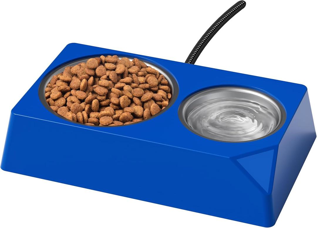 Heated Cat Bowl, Outdoor Heated Water Food Bowl with 2 Stainless Steel Bowl, Waterproof, Anti-Freezing Heated Pet Water Bowl for Outside Cat Dog Bird, with Power Indicator Light