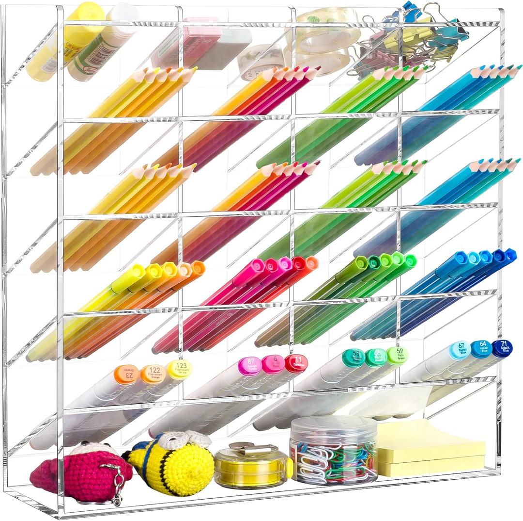 BEYGORM Acrylic Vertical Marker Organizer for 250 Markers with 21 Compartments, Clear Angled Pen & Pencil Holder, Large Desk Stationery & Art Supply Storage for Office & School (13 x 12.5 x 4 Inch)