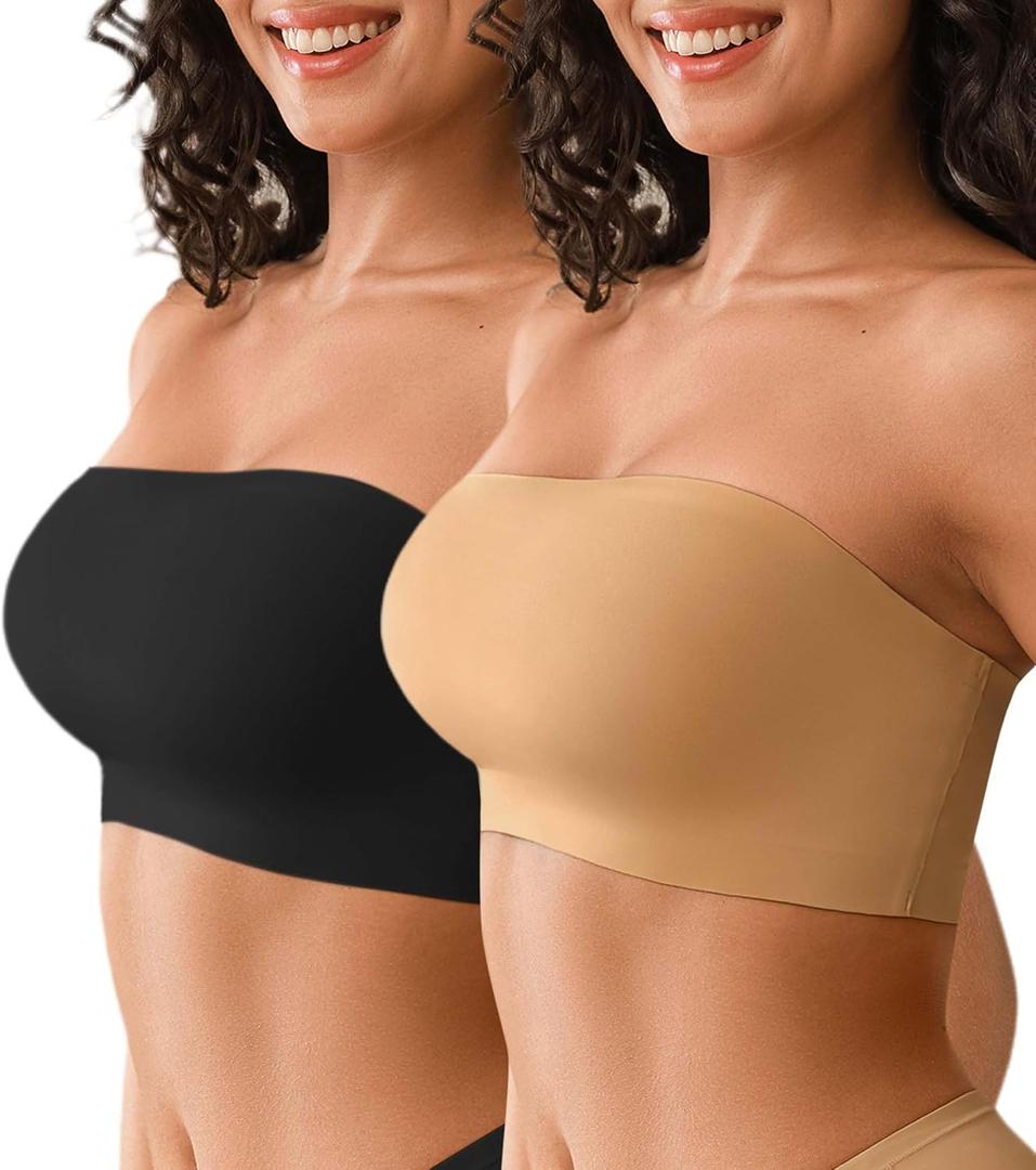 DEANGELMON Strapless Bras for Women Non-Slip Silicone Bandeau Seamless Tube Top Bralette Comfy Non Padded Stretchy Stylish (X-Small, 1skin1black)