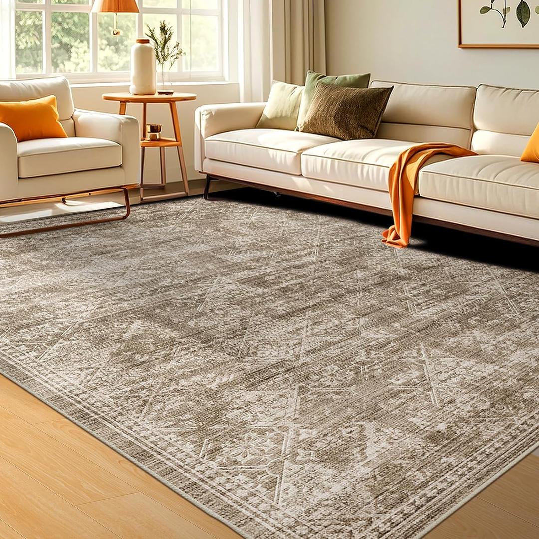 WITSHOCK 5x7 Area Rugs for Living Room: Machine Washable Non Slip Modern Abstract Carpet - Low Pile Print Rug for Bedroom Dining Room - Stain Resistant for Household - Pet Owners (Earthy Brown)