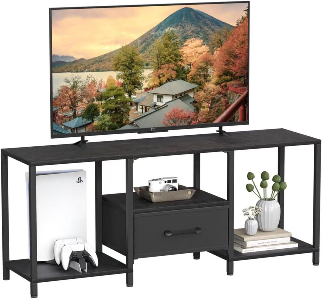 JARHETUN TV Stand with Fabric Drawer for 55 Inch TV, Entertainment Center with Open Shelves, Media TV Console Table for Living Room, Bedroom, Black (46.1 Inches)