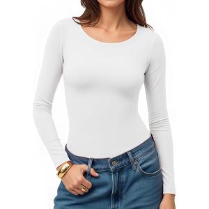 MANGOPOP Womens Tops Long Sleeve Crew Neck t Shirts Double Lined Slim Fitted Lined Tight Basic Tee Shirt, White, XXL
