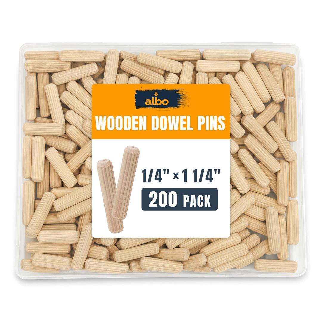 ALBO Wooden Dowel Pins 1/4 x 1-1/4 inch Fluted Wood Dowels Rods 200 Pack Hardwood Crafts Dowel Pegs