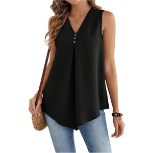 SHENHE Women's Tank Tops V Neck Sleeveless Tunic Top Loose Fit Dressy Flowy Work Blouse (Black, L)