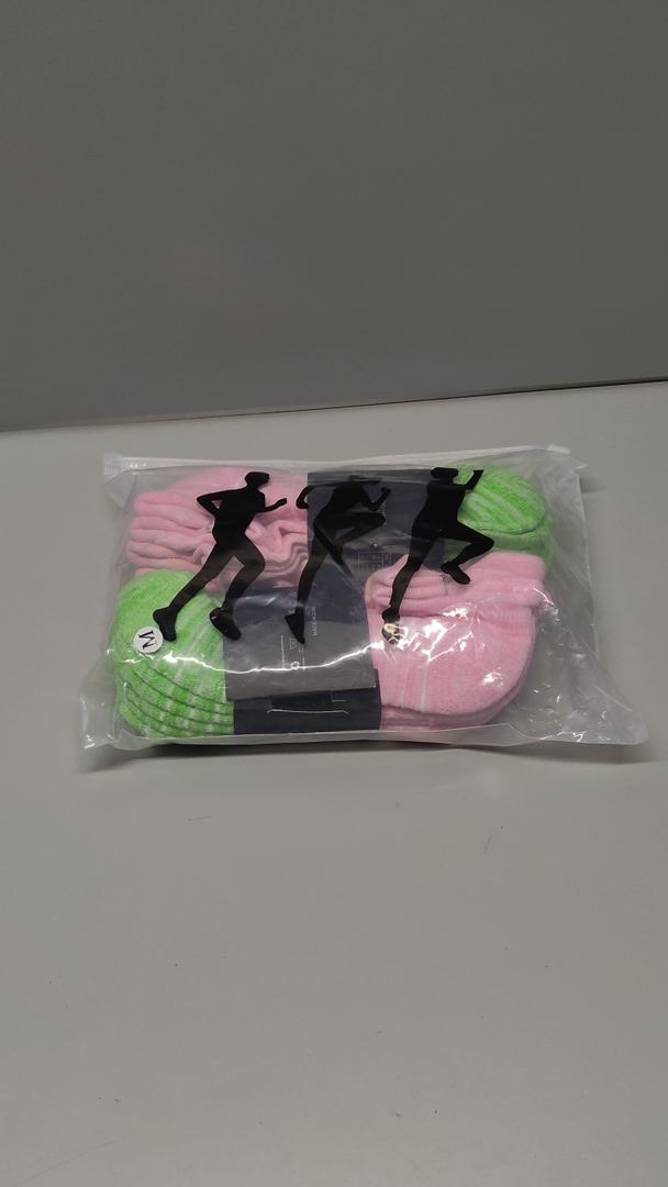 Women's Short Athletic Socks - 6 Pairs Hiking Marathon Socks, Breathable, Non-Slip, Comfortable, Running, Marathon (Green and Pink, Medium)