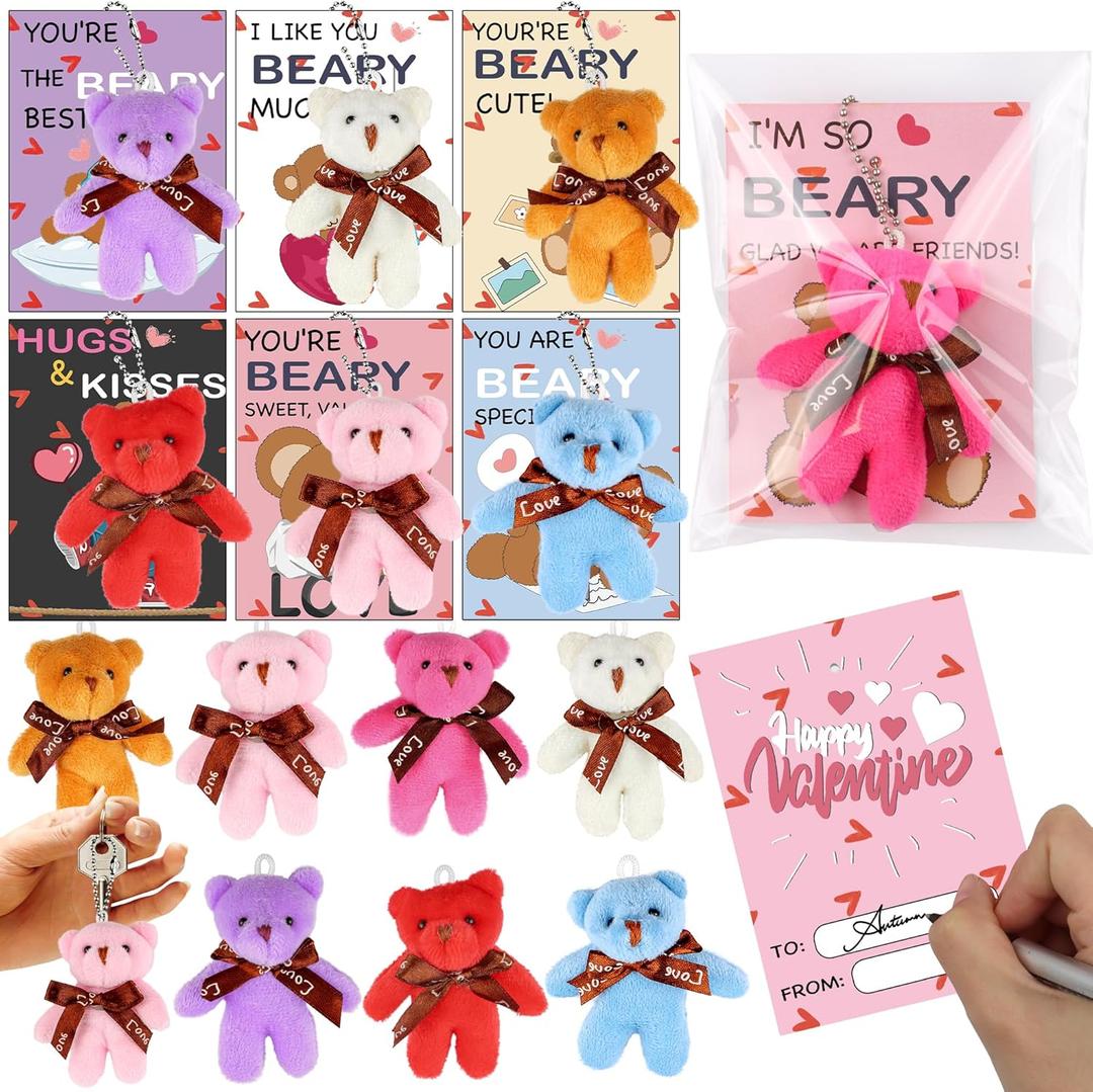 28 Pack Valentines Day Gifts for Kids Classroom Valentines Cards for Kids School Mini Bear Plush Toys Keychains Valentines for Class Valentines Exchange Cards Valentine Party Favors Prizes Girls Boys