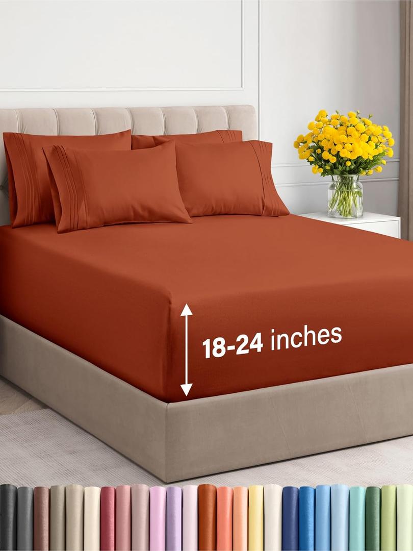 Extra Deep King Sheet Set - 6 Piece Breathable & Cooling Sheets - Hotel Luxury Bedding Set with 18-24 Inch Extra Deep Pockets - Easy Fit - Super Soft, Wrinkle Free and Comfy - Terracotta, King Size