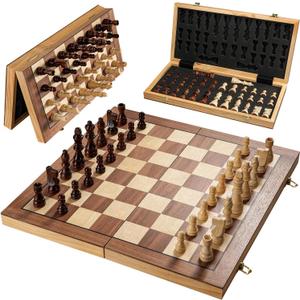 Magnetic Chess Board Set for Adults & Kids, 15" Wooden Folding Chess Boards, Handcrafted Portable Travel Chess Game with Pieces Storage Slots