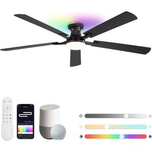 ZMISHIBO 60 Inch Smart Ceiling Fans with RGB Lights, Low Profile Flush Mount Ceiling Fan with Alexa/App/Remote Control, Dimmable 20W LED Light, Black Modern Fan for Living Room, Bedroom, Game Room
