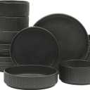 Gibson Elite Deerfield 16-Piece Stoneware Dinnerware Set  Matte Black Reactive Glaze Plates and Bowls, Stackable, Modern Design, Service for 4  Microwave & Dishwasher Safe
