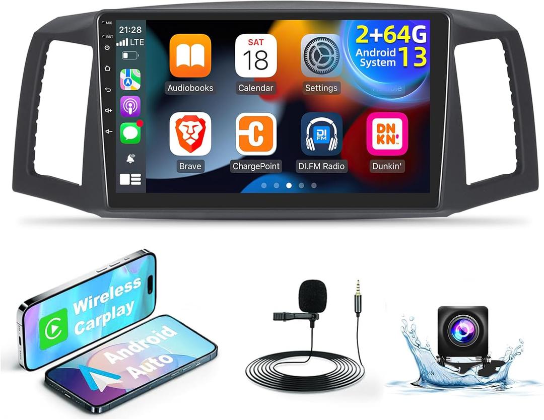 [2G+64G] Car Radio for Jeep Grand Cherokee 2004 2005 2006 2007, 10.1 inch Touch Screen Android 13 Car Play Stereo, Carplay/Android Auto/Bluetooth/SWC + AHD Backup Camera