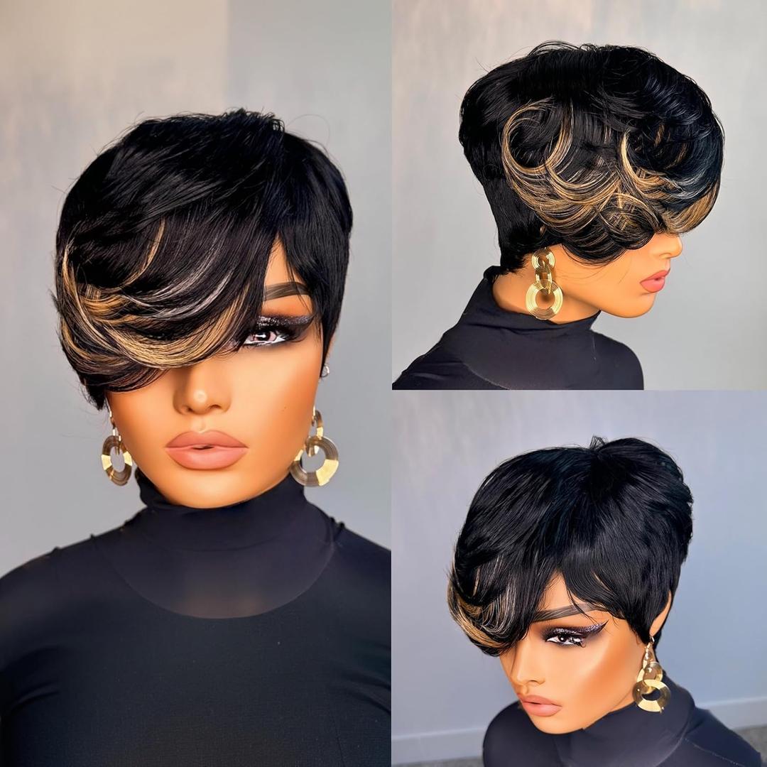 Pixie Cut Wig Human Hair Short Pixie Cut Wigs for Black Women Human Hair Glueless Pixie Wig Short Layered Brazilian Virgin Human Hair Wigs For Women Color 1B/30/613