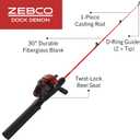 Zebco Dock Demon Spincast Reel and Fishing Rod Combo, 30-Inch 1-Piece Fiberglass Fishing Pole with EVA Handle, QuickSet Anti-Reverse Fishing Reel, Pre-Spooled with 6-Pound Zebco Line, Red, 20