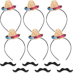 12 Pcs Mini Sombrero Mexican Party Hat Fake Mustaches Set 6 Cinco De Mayo Fiesta Headband Hat 6 Mustache Costume (5.9 Inches)