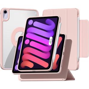 ZENLU iPad mini 6th 7th Generation Case with Removable Magnetic Folio Cover, Premium PU Leather, Multiple Angles, Pencil Charging Support, Full Protective Case for 8.3 inch iPad mini 6/7 (Pink)