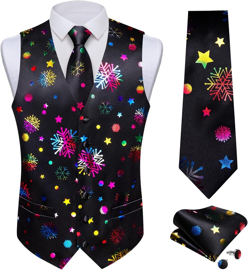 DiBanGu Mens Christmas Suit Vest and Tie Set Fun Snowflake Holiday Party Waistcoat Necktie Pocket Square Cufflinks S-3XL