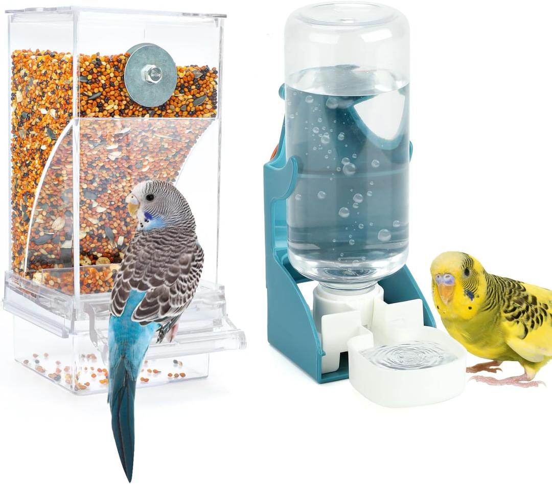 Rypet No Mess Bird Water Feeder Dispenser Set Automatic Bird Feeder Transparent Food Container Cage Acrylic Parrot Feeders Accessories for Small Birds Parrot Cockatoo Canary (Feeder + Drinking Bottle)