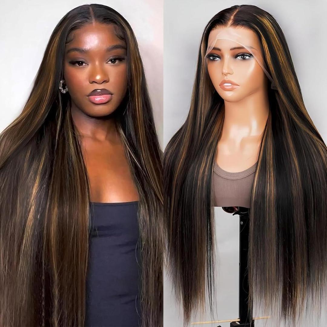 Ombre Lace Front Wig Human Hair 1B/30 Highlight Straight Wigs 13X6 Transparent Lace Frontal Glueless Wigs Honey Blonde Colored Human Hair Pre Plucked for Women 28inch