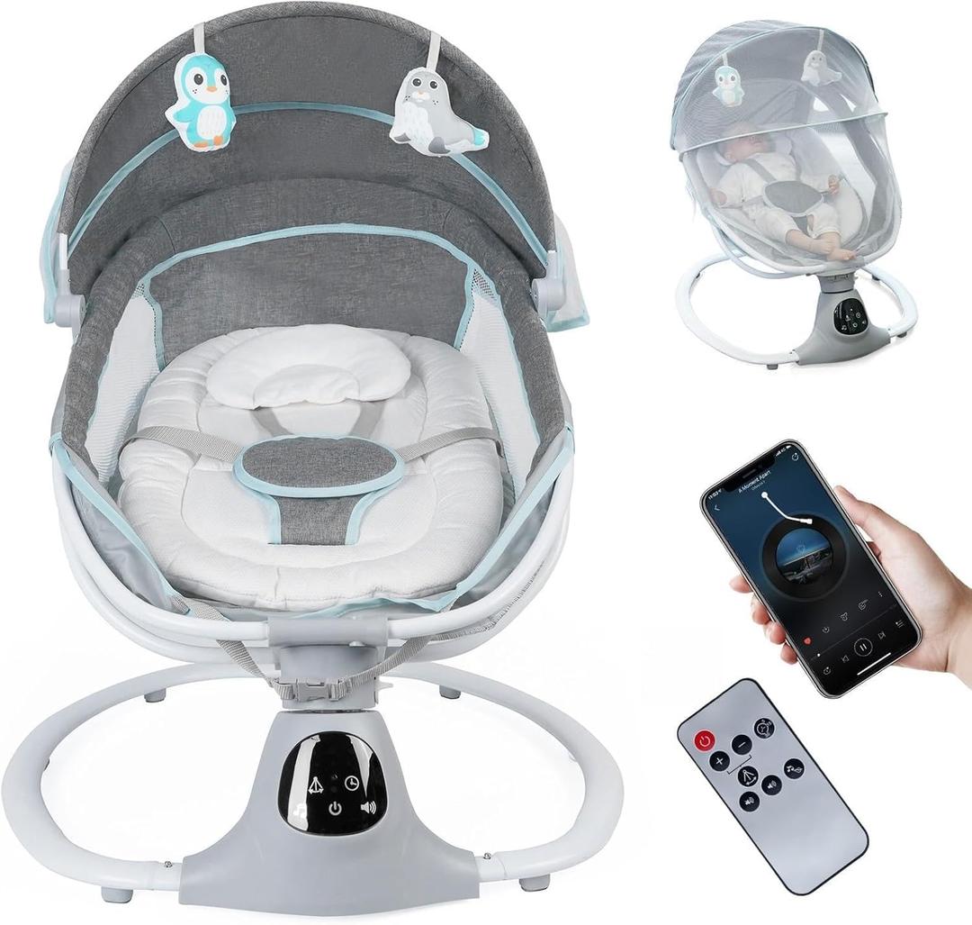Electric Baby Swing for Infants to Toddler, Portable Swing Baby Rocker with 5 Point Harness, 5 Sway Speed, Bluetooth, 12 Preset Lullabies with Remote Control, Infant Swing for Baby Boys & Girls, Grey (Gray)