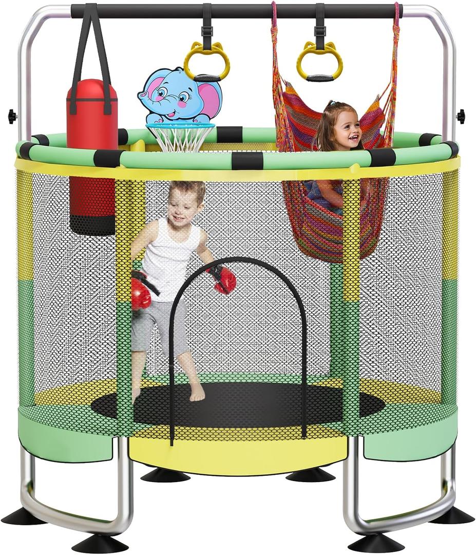 Trampoline for Kids, 60" Toddler Trampoline Indoor Outdoor, 440lbs KidsTrampoline with Enclosure Net, Upgraded Ring Legs with Adjustable Gymnastics Bar, Gifts for Ages 1-8 Boys&Girls