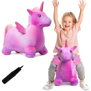 Unicorn Bouncy Horse Toys for 1 2 3 4 5 Year Old Girl Gift, Plush Unicorn Ride On Bouncy Animal for Toddlers 1-3, Indoor Outdoor Inflatable Hopping Toys for Girl Birthday Gift (Pump Included)